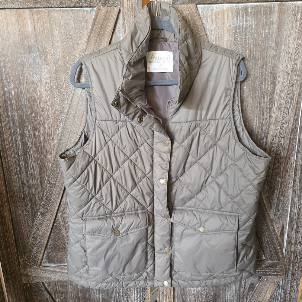 Natural Reflections Vest Women's Size Large Brown Puffer Full Zip Snaps Pockets